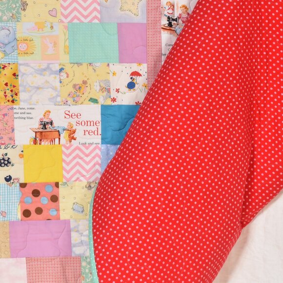 New handmade baby toddler crib quilt Dick Jane reading patchwork "I Spy" flannel - Picture 2 of 2